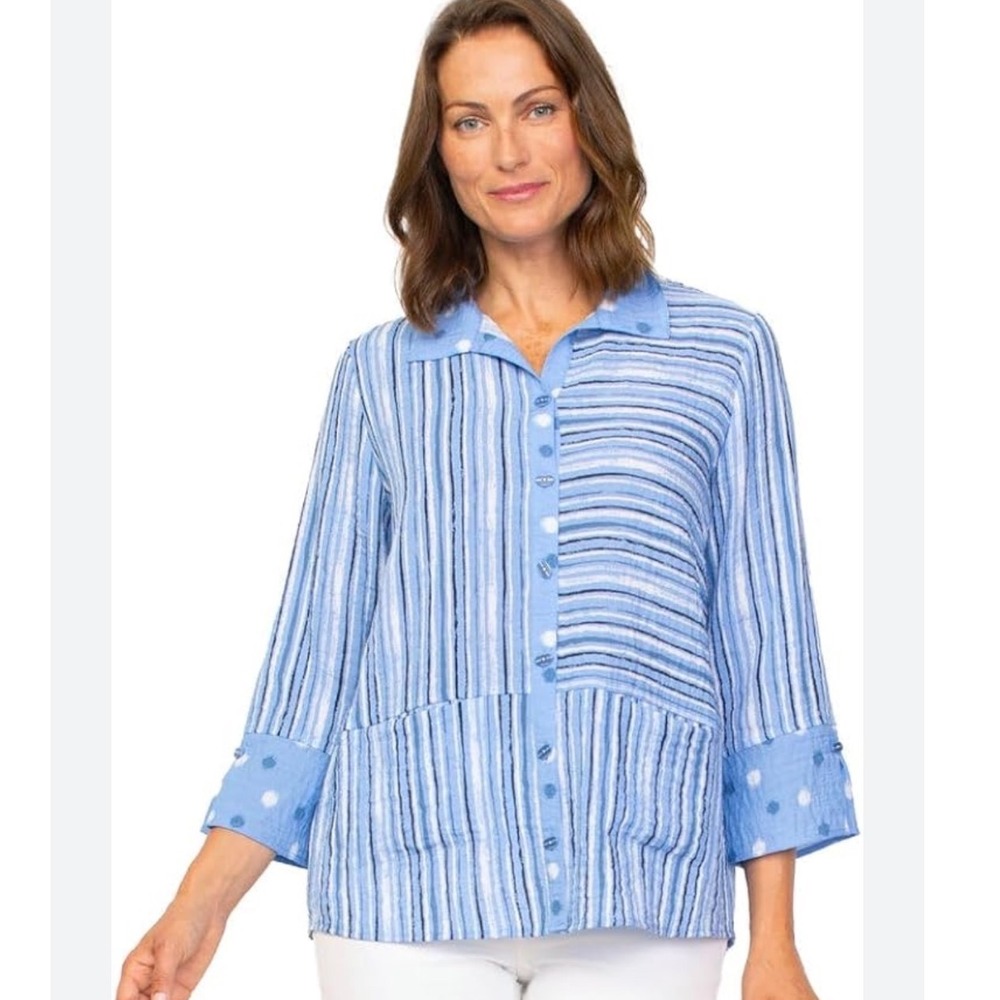 Habitat Clothes To Live In Womens Blue Striped Button Front Shirt Size M Pockets